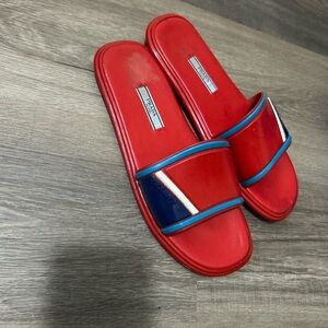 Prada Vibrant Red Slides with Blue Detail